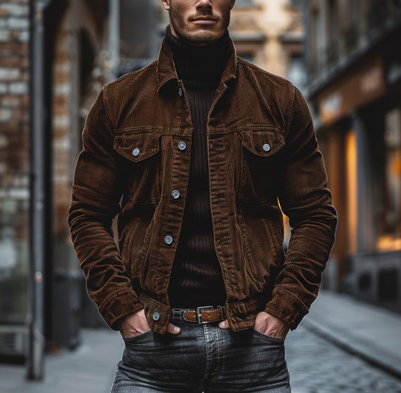 Men's Vintage Corduroy Lapel Single Breasted Multi-Pocket Work Jacket 43646517M 1