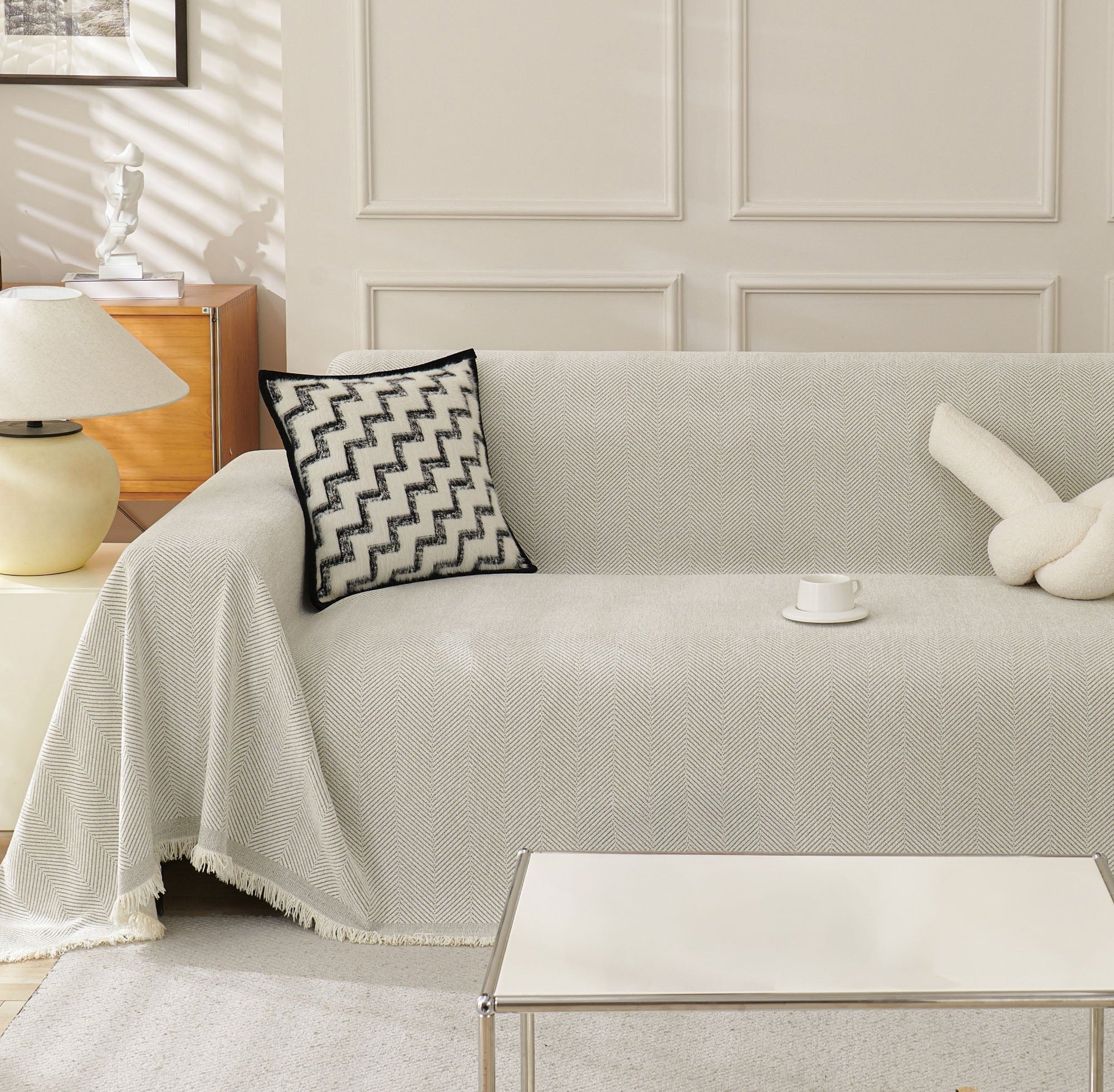 Minimalist Multipurpose Soft Breathable Herringbone Sofa Cover Pet Friendly Fabric Couch Protector 7