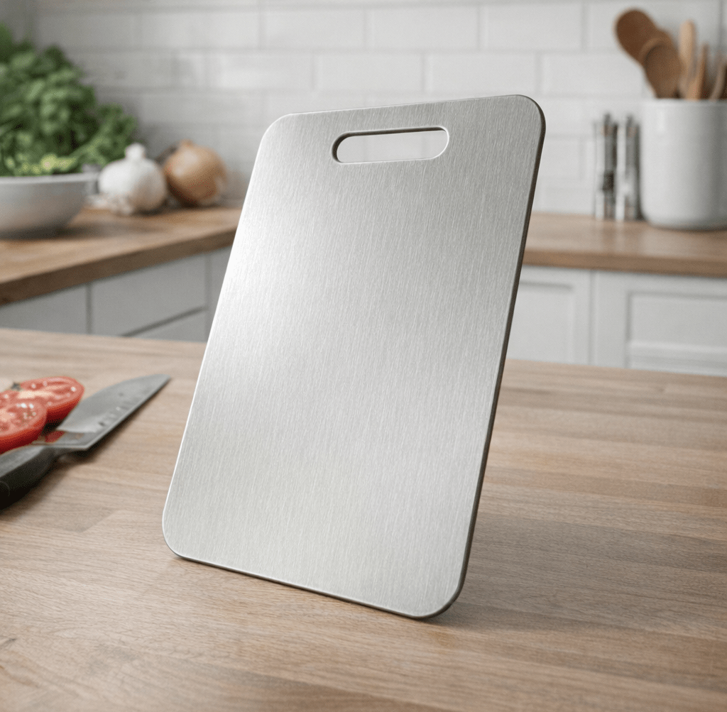 A brushed titanium cutting board with a built in handle cutout standing upright on a wooden kitchen counter with a knife and tomato slices nearby.