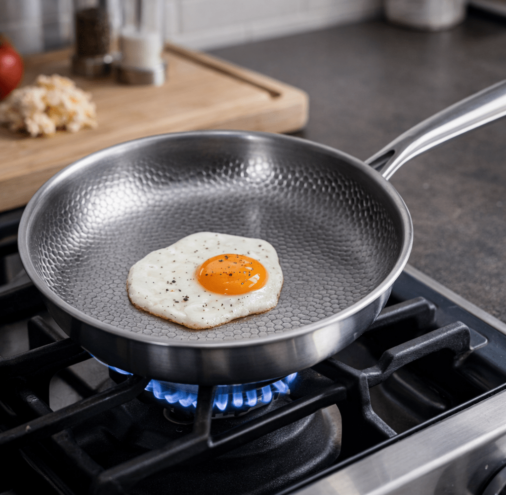 Titanium frying pan with textured interior cooking a sunny side up egg on a gas stove burner