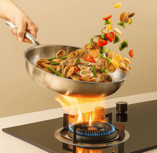 Hand holding titanium frying pan tossing vegetables and mushrooms over gas stove flame