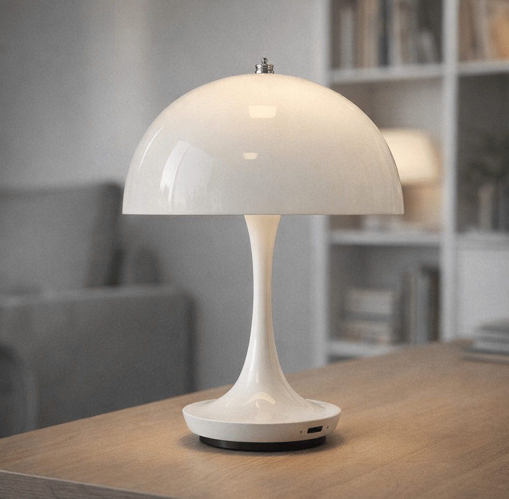 White glossy LED table lamp with a dome shaped shade and slender curved stem on a wooden table in a living room with bookshelves in the background
