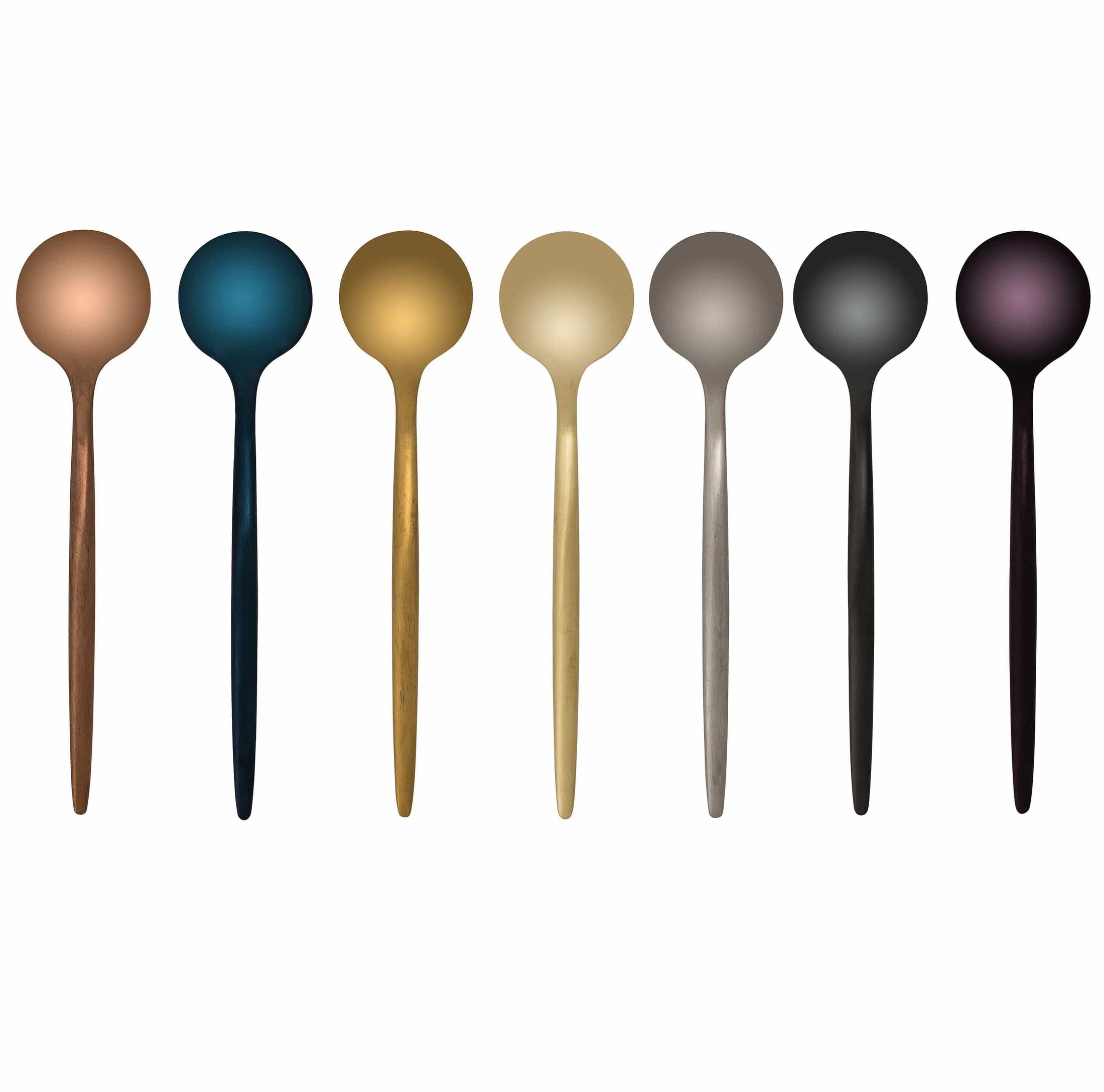 Bosphorus Teaspoon Set in satin finish plated stainless steel shown in various colors arranged in a row