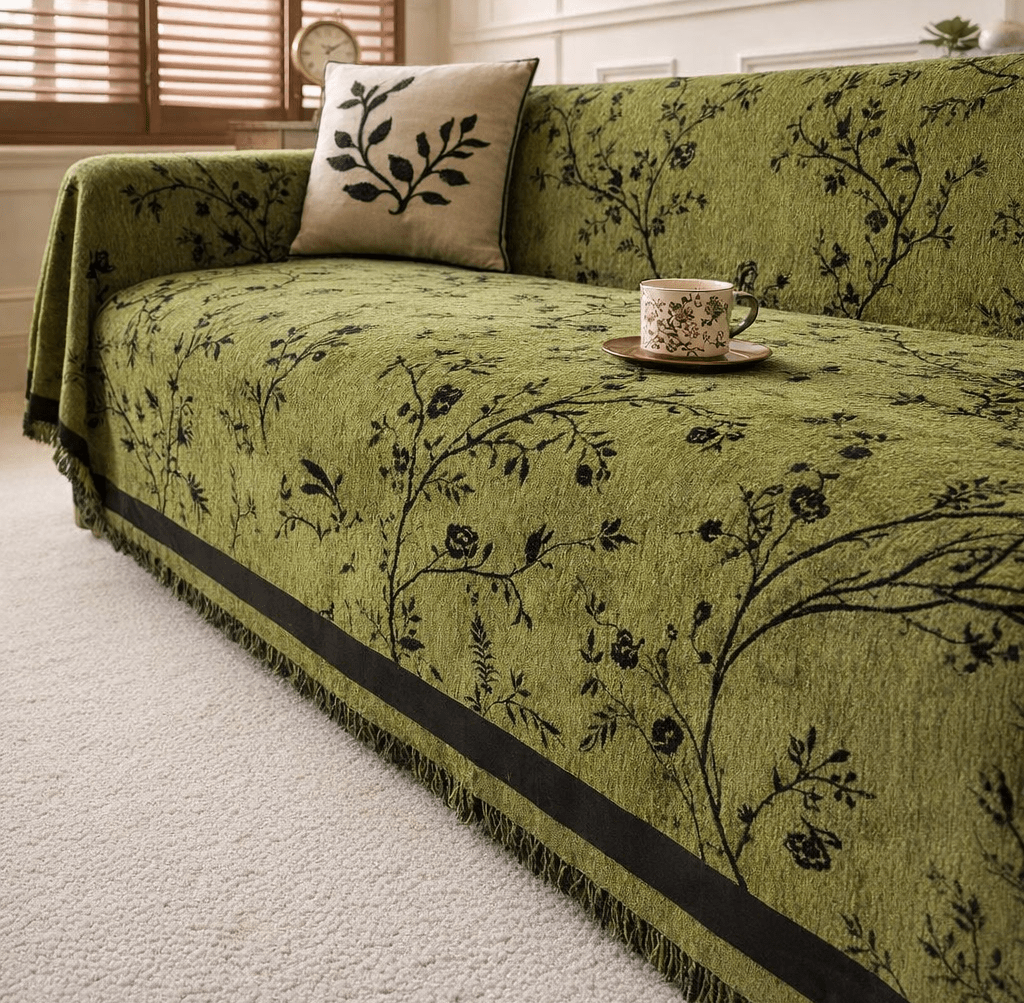 Green chenille sofa cover with a black floral jacquard pattern and tassel trim on a sofa with a beige botanical pillow and a teacup on a saucer