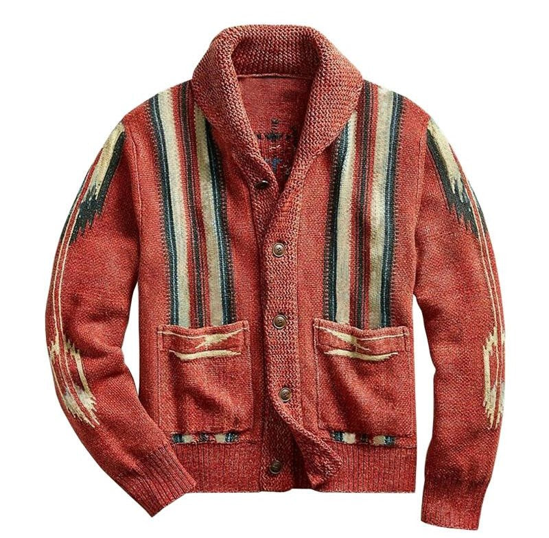 Red jacquard knit cardigan with lapel collar and button closure, striped shoulders and sleeves, and two front patch pockets
