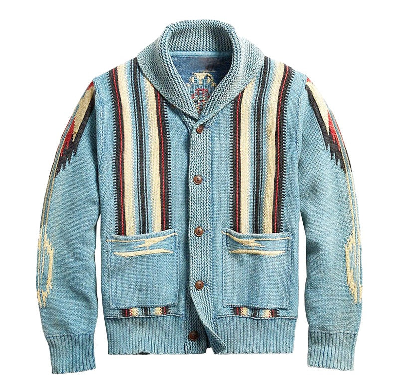 Blue jacquard knit cardigan with lapel collar and button closure featuring multicolor stripes on the shoulders and chest patch pockets on the front and ribbed cuffs and hem.