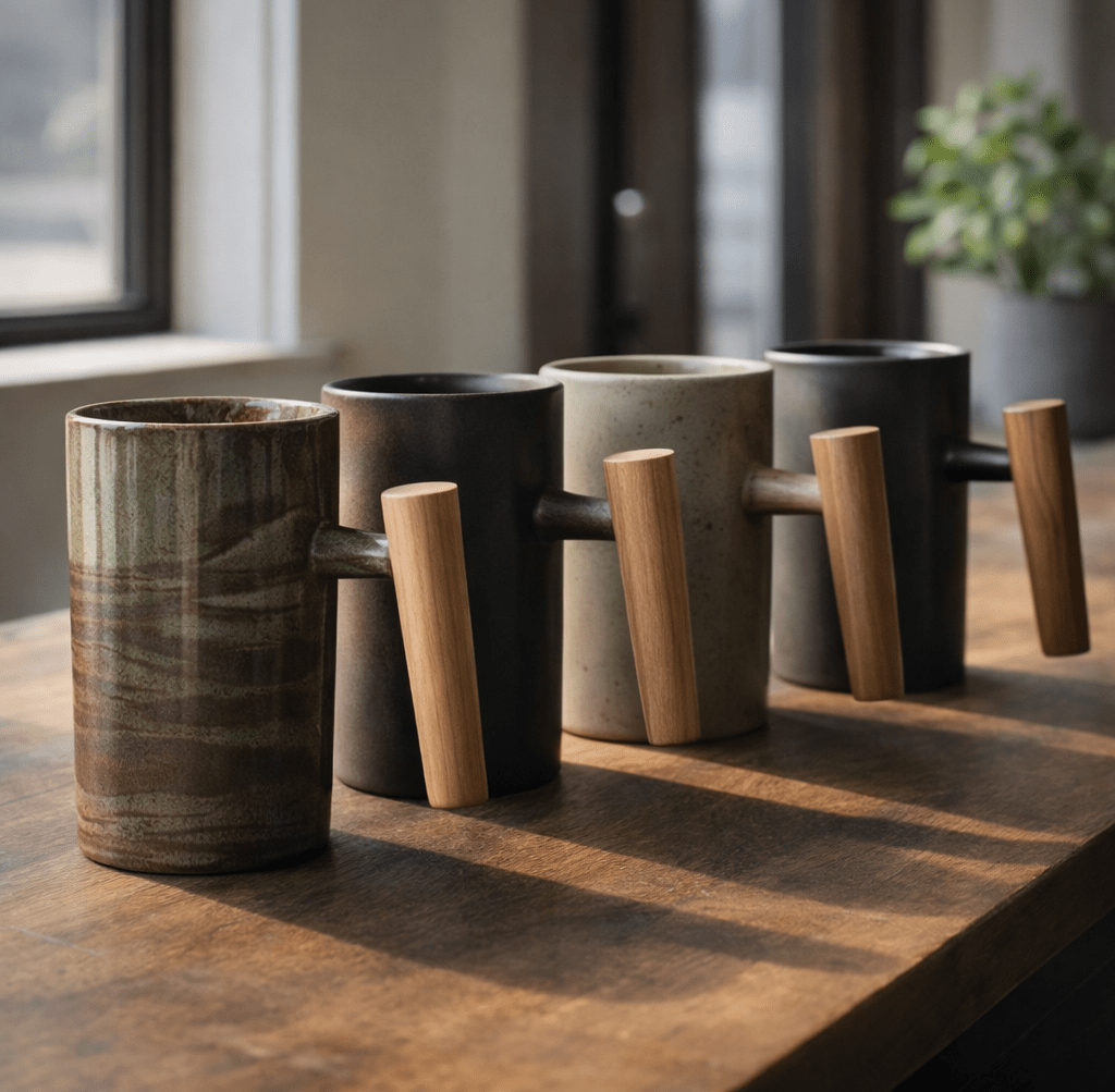 Carbò | Porcelain Drinkware Cup with Wood Base and Minimalist Design - white background