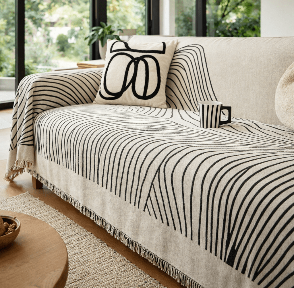 Riviera | Sofa Cover Jacquard Polyester with Reversible Curved Print - white background