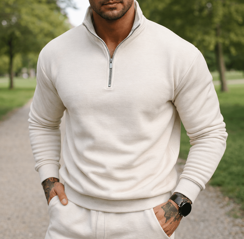 Boreal | Half Zip Jumper Knitted Pullover with Ribbed Cuffs and Collar - white background