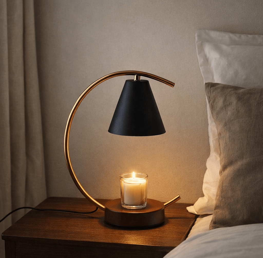 Selene Arc | Candle Warmer Table Lamp Wood Base with Curved Iron Frame - white background