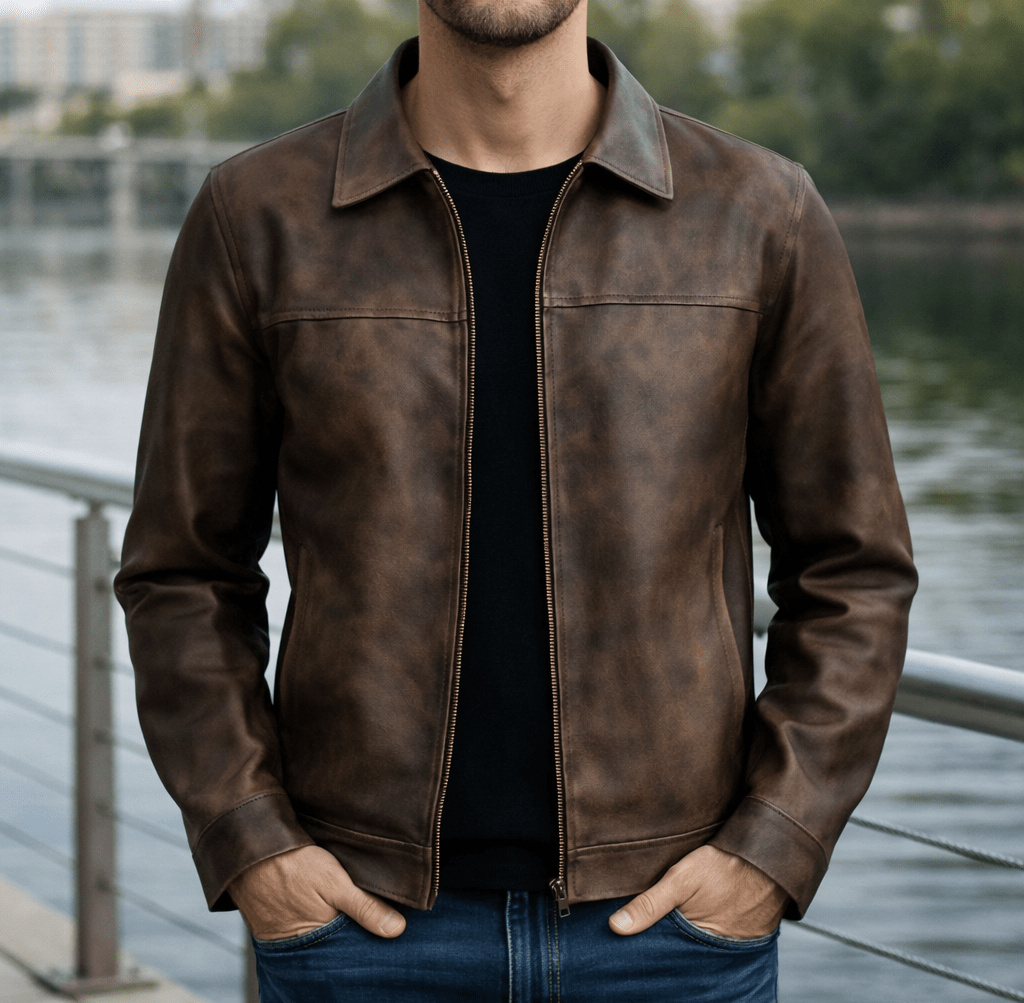 Ravenwood | Men's Zipper Jacket Synthetic Leather with Zippered Cuffs - white background