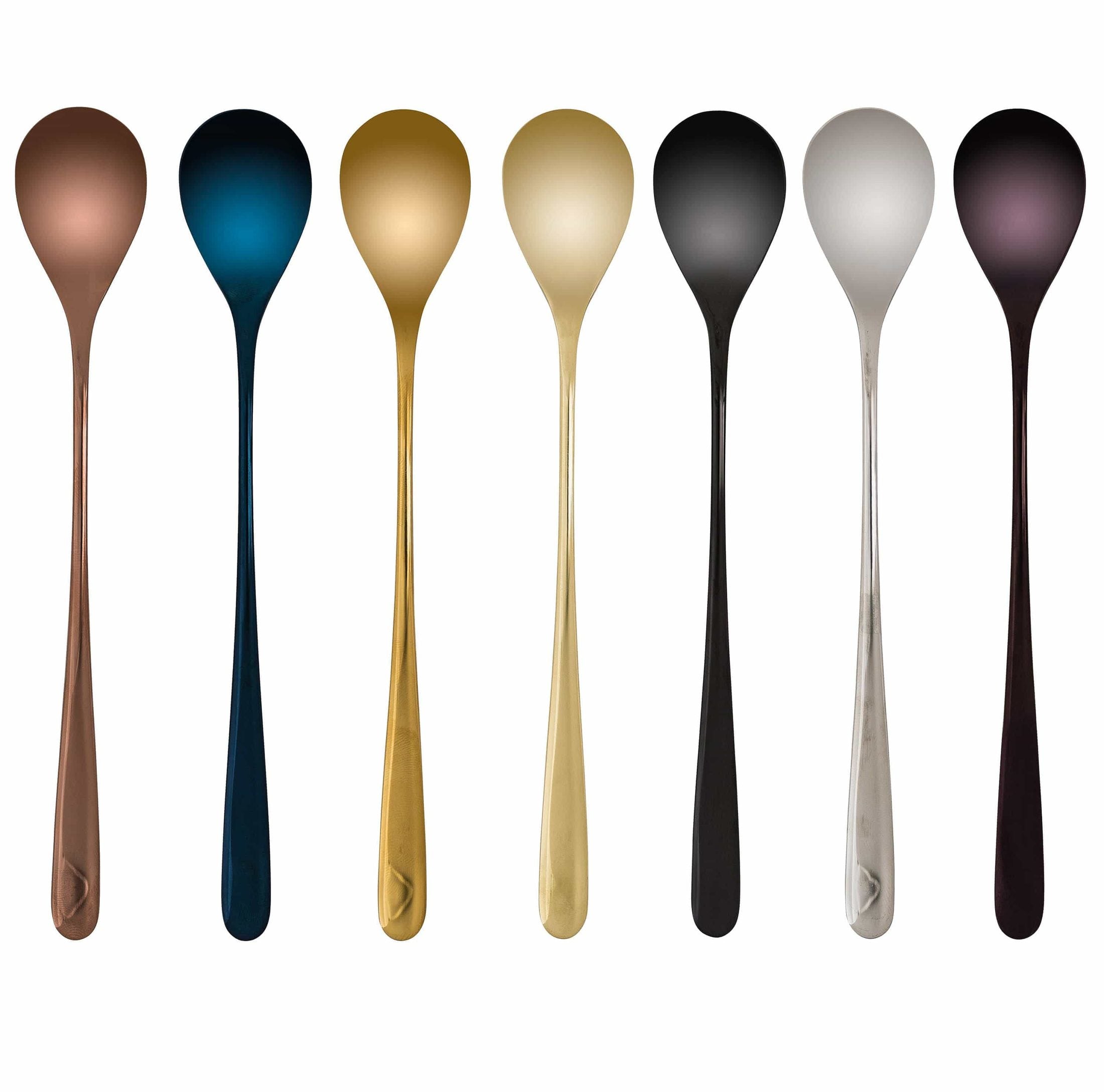 Eight dessert spoons in assorted metallic colors copper blue gold champagne black silver gray and burgundy arranged in a row on a white background