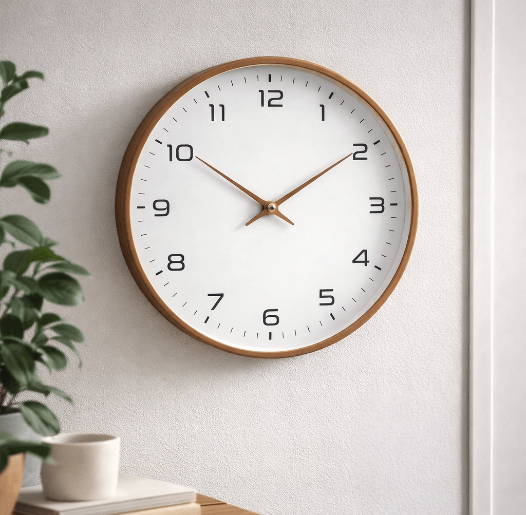 Nordic minimalist wall clock with a light wood frame and white dial with black numerals and brown hands mounted on a pale textured wall beside a plant and a table with a mug and stacked books