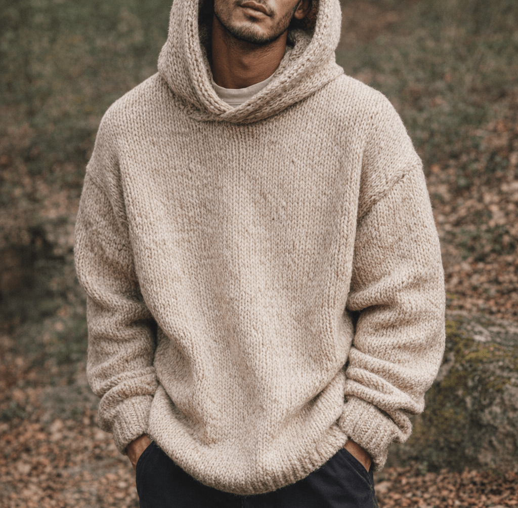 A person wearing a beige chunky knit hooded sweater with ribbed cuffs and hem standing outdoors among autumn leaves