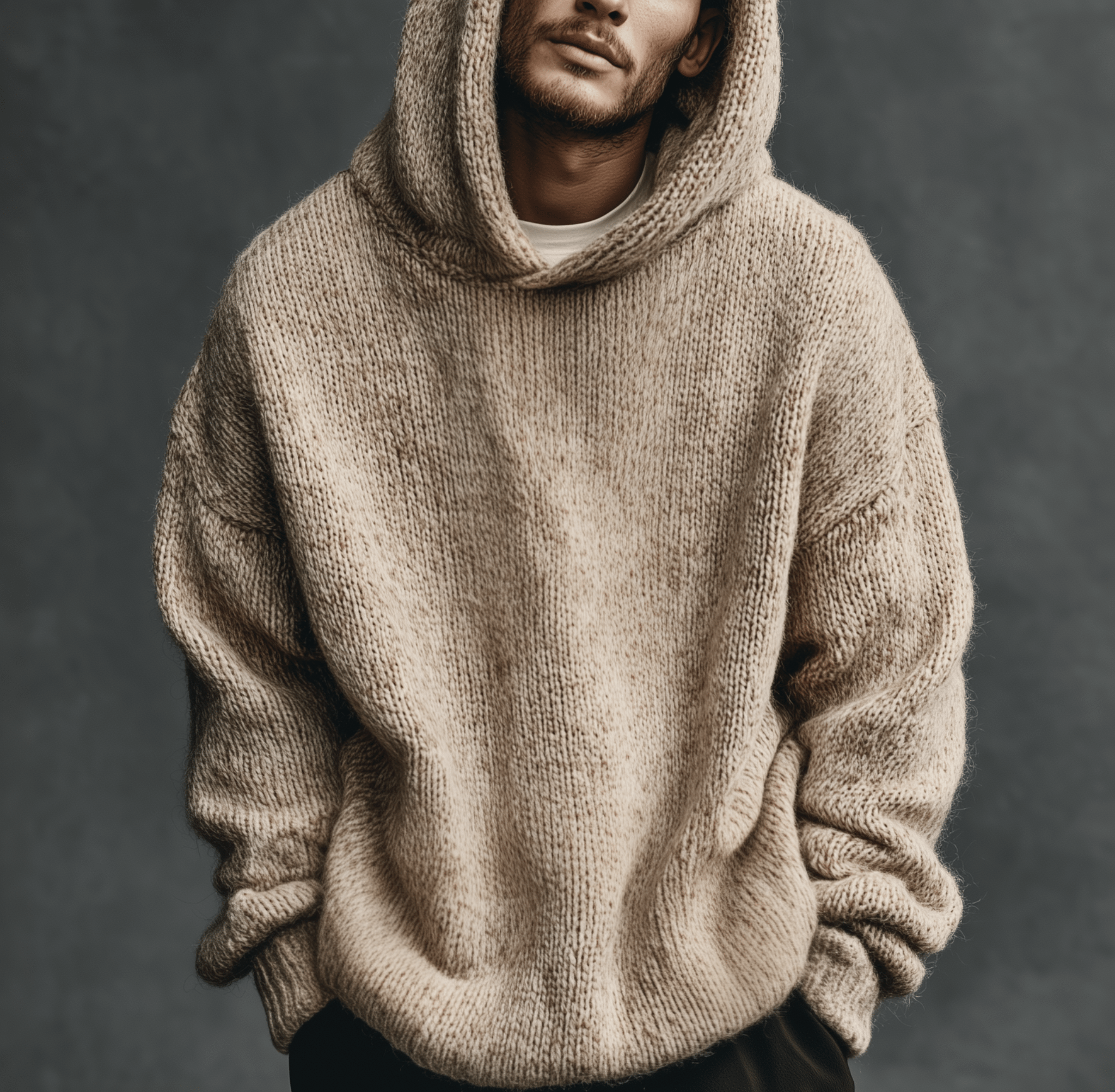 Beige hooded knit sweater with ribbed cuffs and hem worn by a man