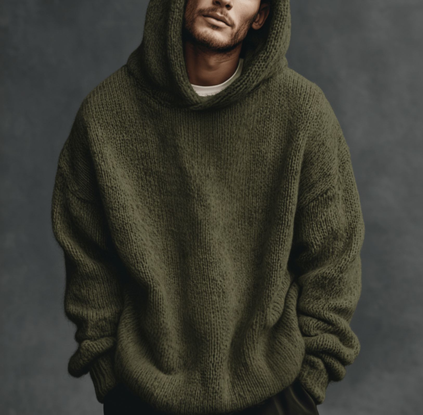 Model wearing an olive green knit hooded sweater with a loose fit and ribbed cuffs and hem, textured yarn and a white shirt visible at the neckline
