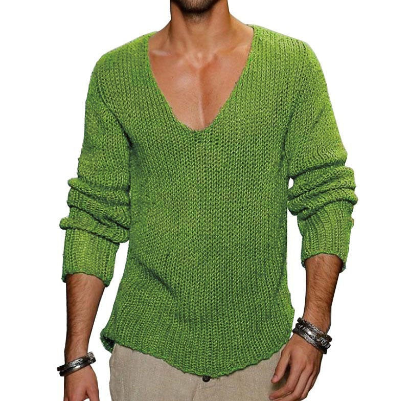 Green V neck cotton acrylic knit pullover sweater with ribbed cuffs and hem