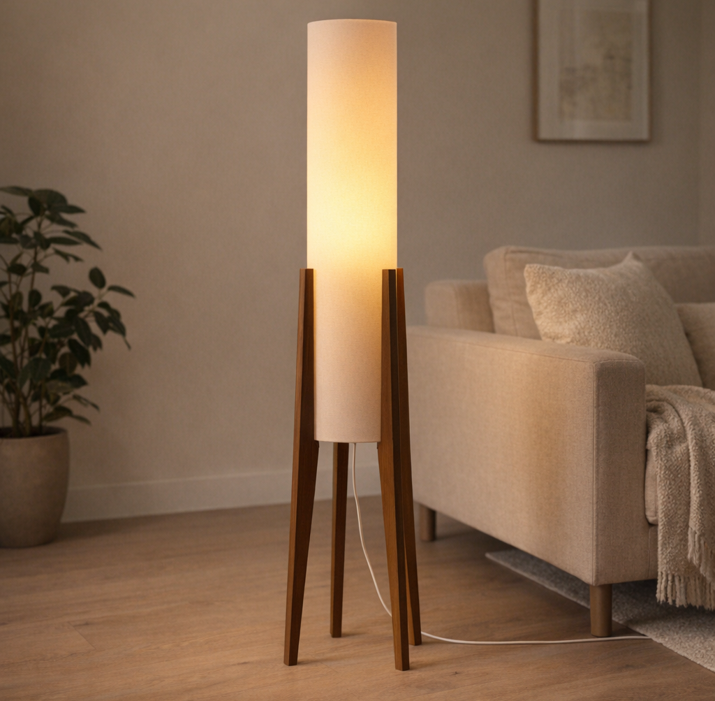 Tall Japandi floor lamp with a cream fabric cylindrical shade and walnut wood tripod legs in a cozy living room beside a beige sofa and potted plant.