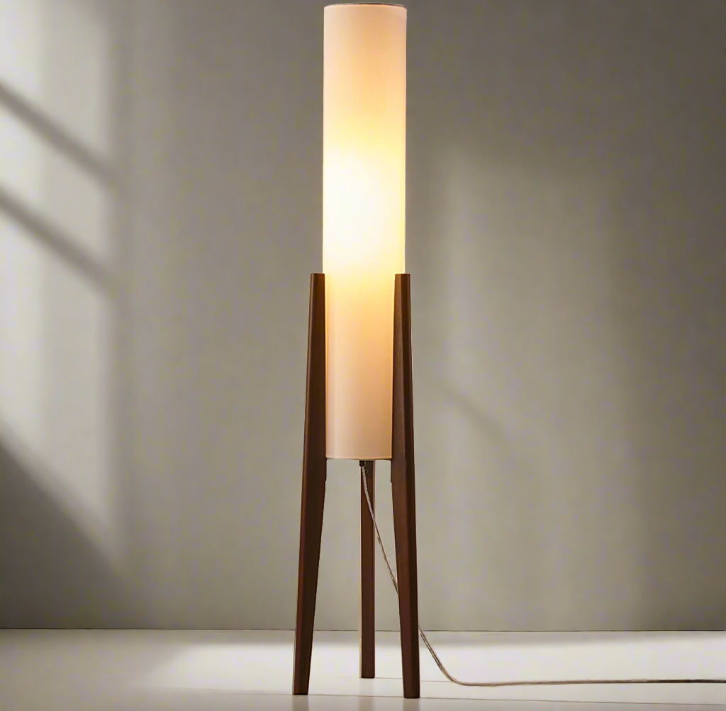 Kiyora Japandi floor lamp with a solid walnut wood tripod base and a tall cylindrical fabric shade, warm LED light and a visible power cord on the floor