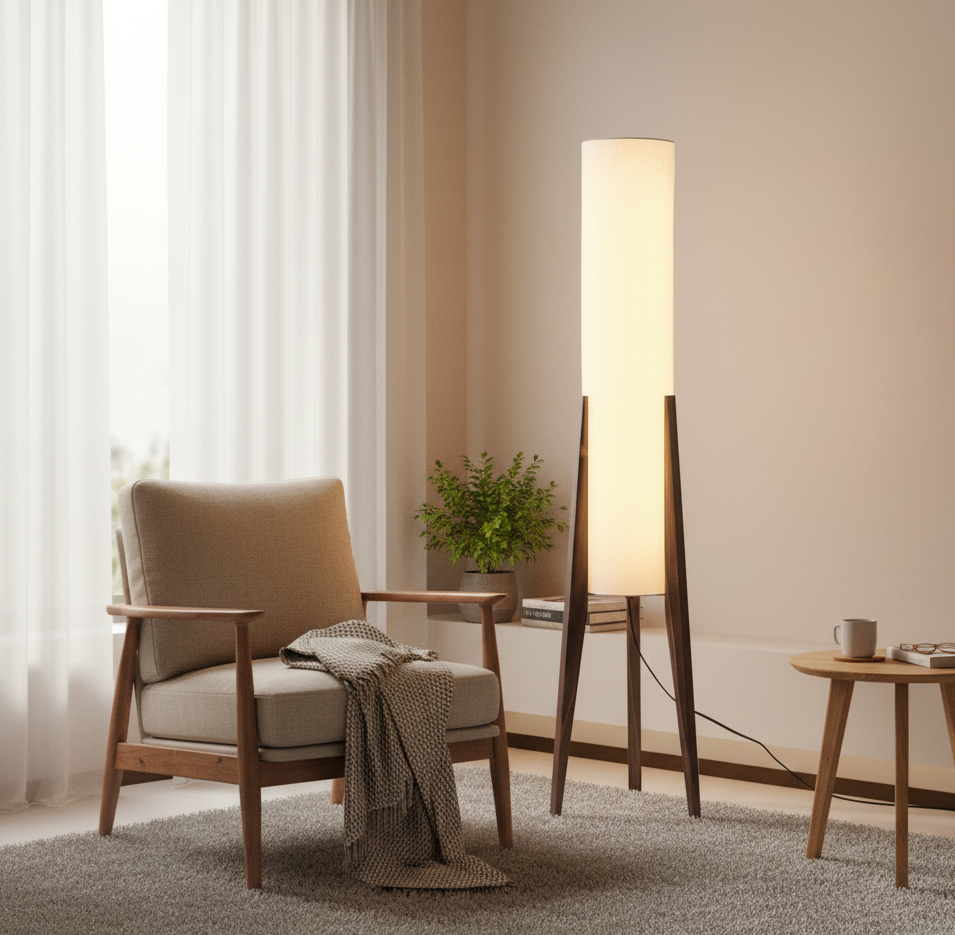 Japandi style living room with a tall fabric shade floor lamp on dark walnut wood tripod legs beside a beige armchair, a knitted throw, a small round side table, and a potted plant