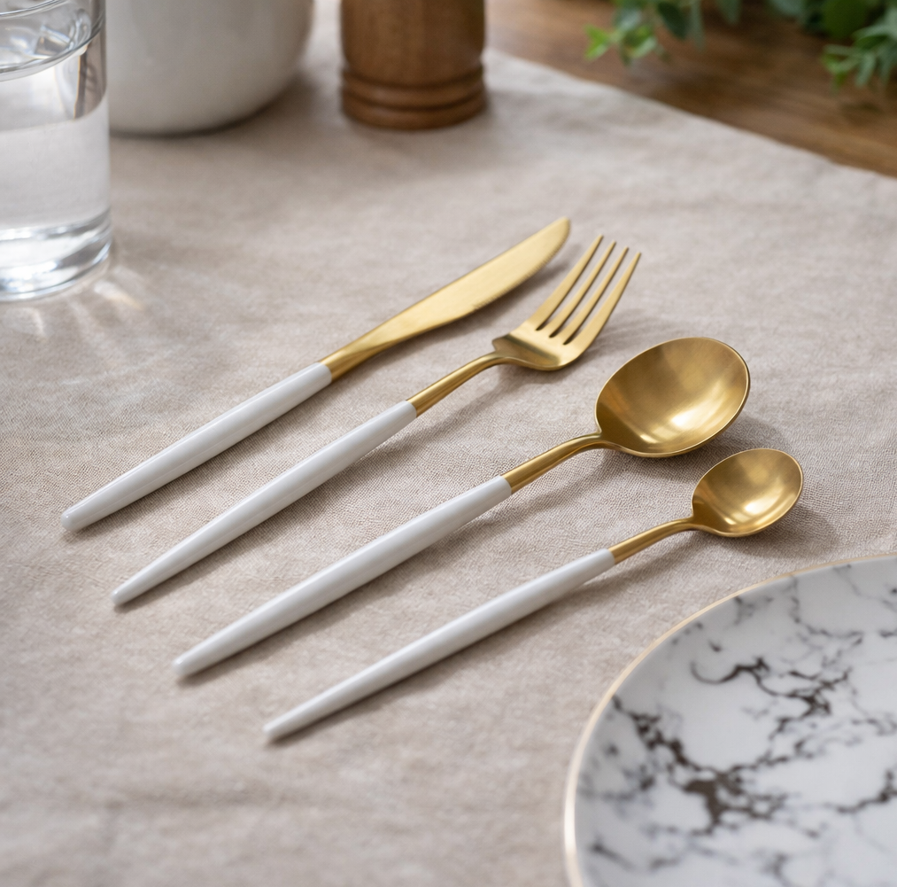 Gold plated cutlery set with white handles including knife, fork, and two spoons arranged on a beige tablecloth with a marble plate edge