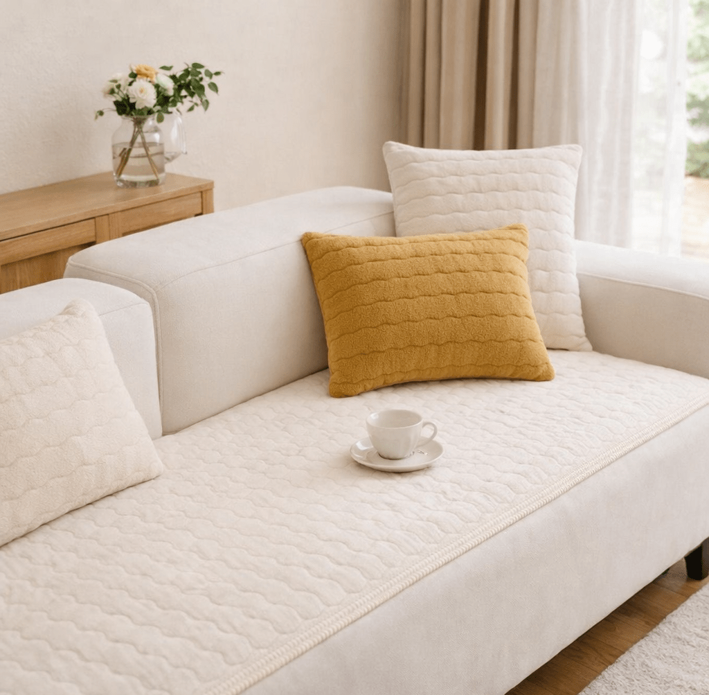 Cream sofa with a quilted plush cover, cream and mustard cushions, a white cup and saucer on the sofa, and a wooden side table with a vase of flowers in a bright living room