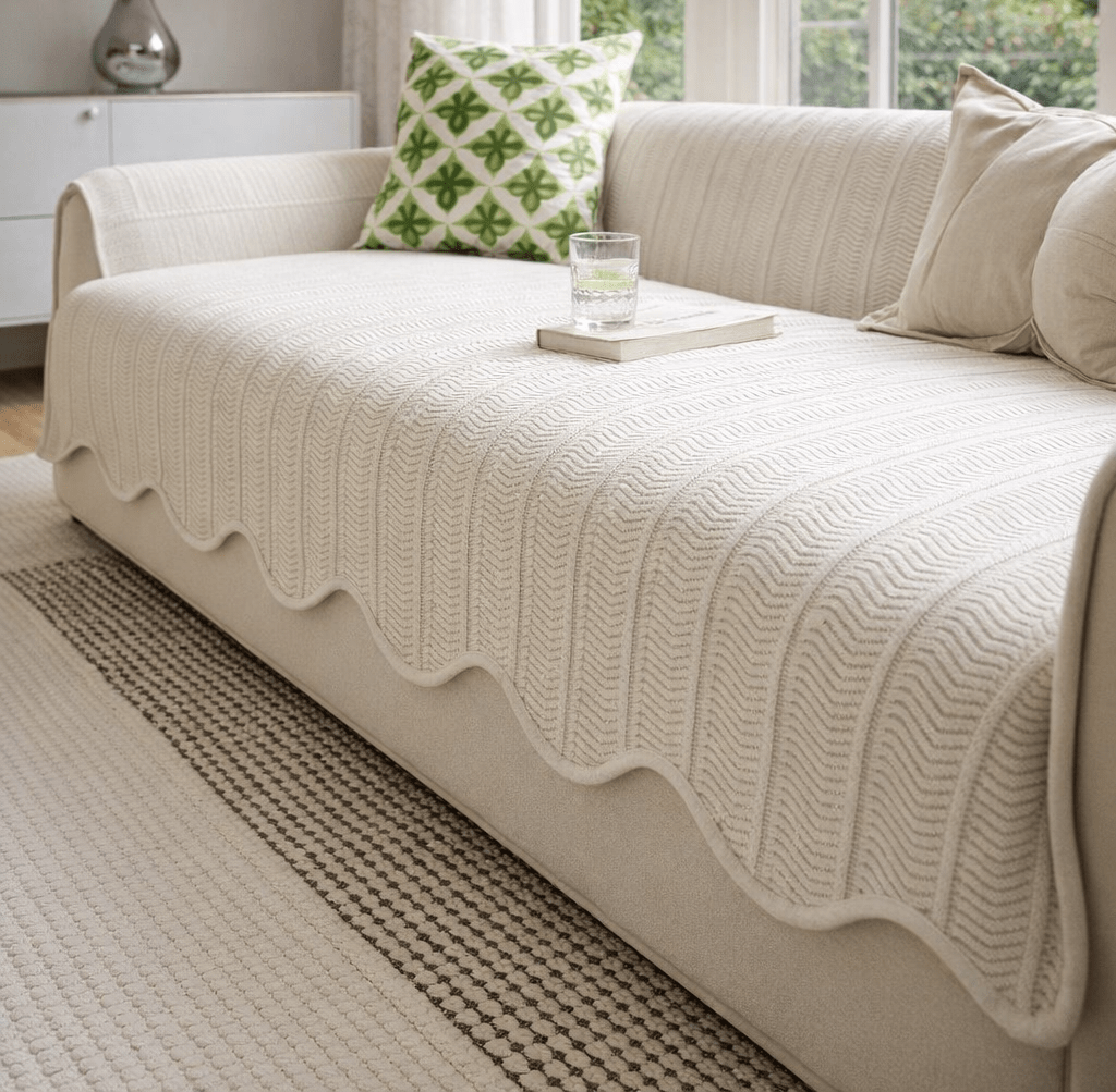 Beige sofa covered with a herringbone microfiber blend fabric featuring scalloped wave edge trim, a green and white patterned pillow, and a glass resting on a book on the sofa