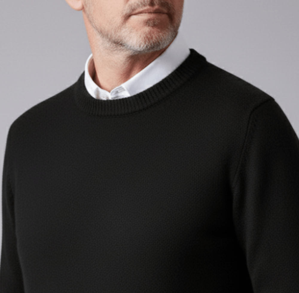 Man wearing a black cashmere pullover sweater with a white collared shirt underneath and a crew neck