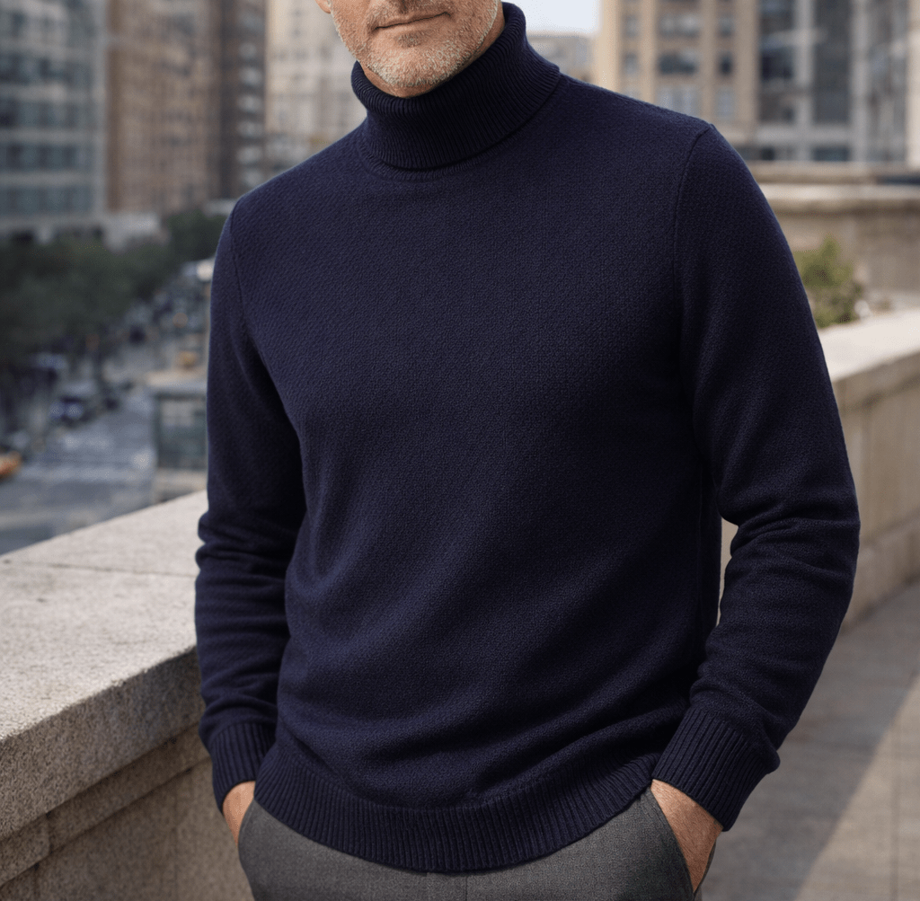 Man wearing a navy blue cashmere turtleneck sweater with a ribbed collar standing outdoors by a stone railing in a city street