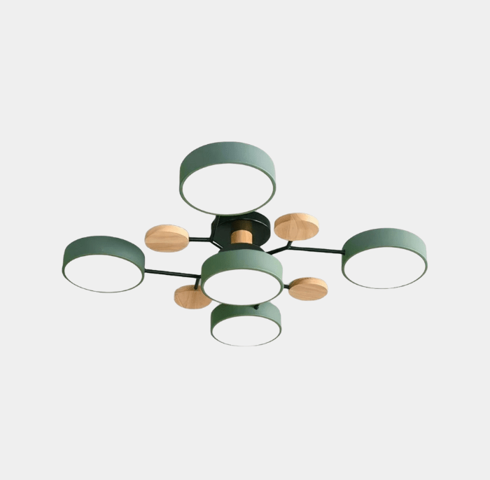 Nordhaven LED ceiling light with five green circular frames connected by black arms and wooden accents, featuring white diffusers