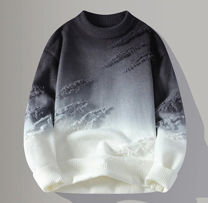 Ombra gradient knit crewneck sweater in dark navy to white gradient with distressed patches and ribbed cuffs and hem