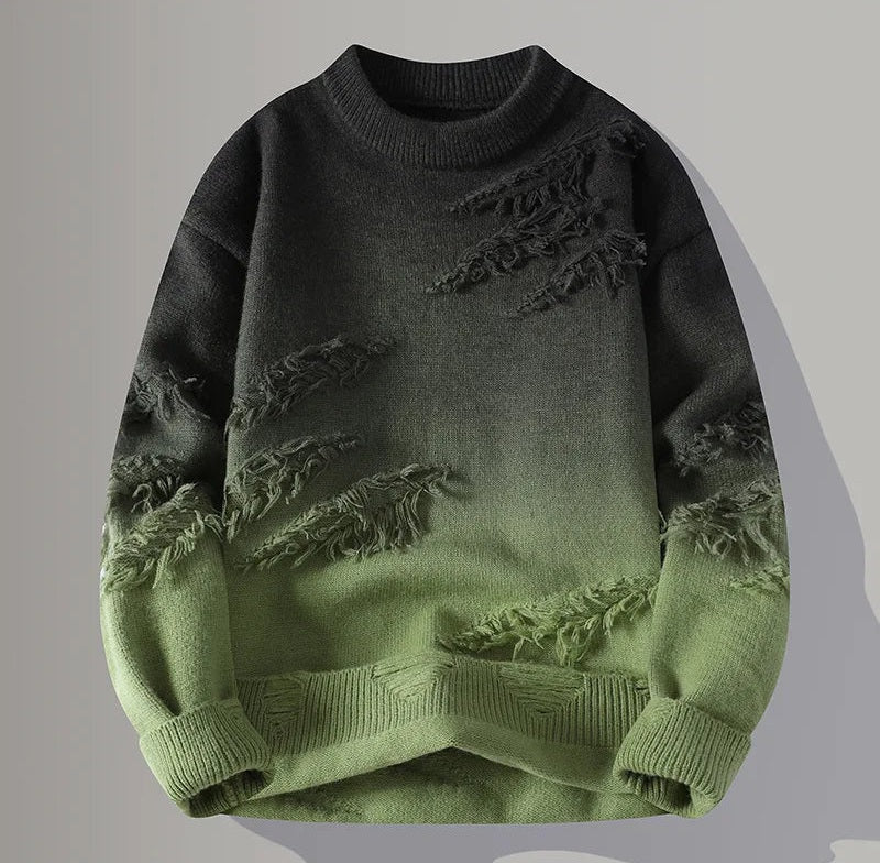 Ombra gradient knit crewneck sweater in black to olive green with distressed frayed detailing