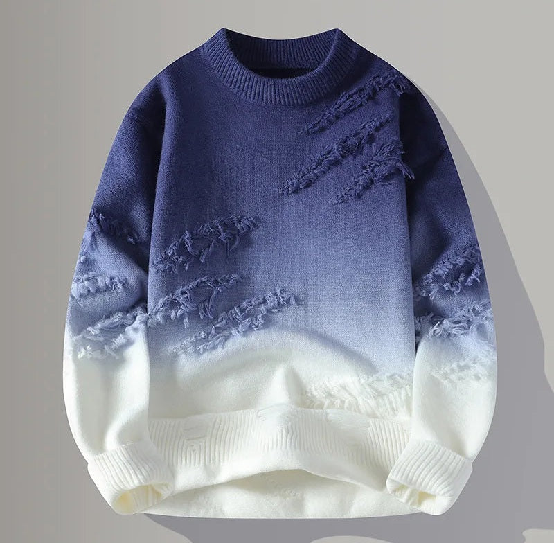 Ombra gradient knit crewneck sweater with distressed detailing in a navy to white gradient and ribbed cuffs and hem