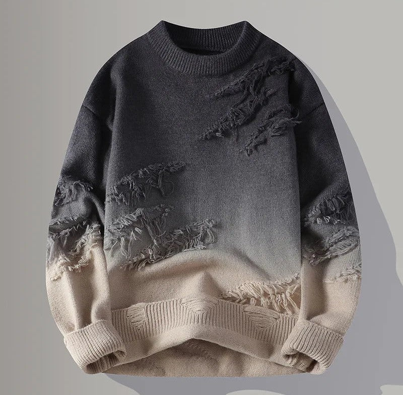 Ombra gradient knit crewneck sweater with distressed frayed patches on the front and sleeves in a dark to beige gradient with ribbed neckline cuffs and hem