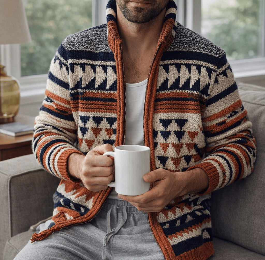 Man wearing a geometric knit cardigan with a zip closure in navy cream and rust sits on a gray sofa and holds a white mug.