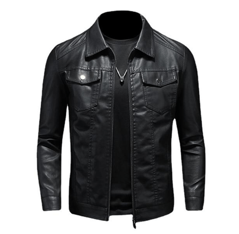 Black leather biker jacket with a lapel collar, two chest pockets with flaps, and a front zipper