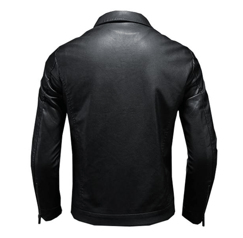 Back view of a black leather biker jacket with a short collar and visible zipper hardware on the sleeves
