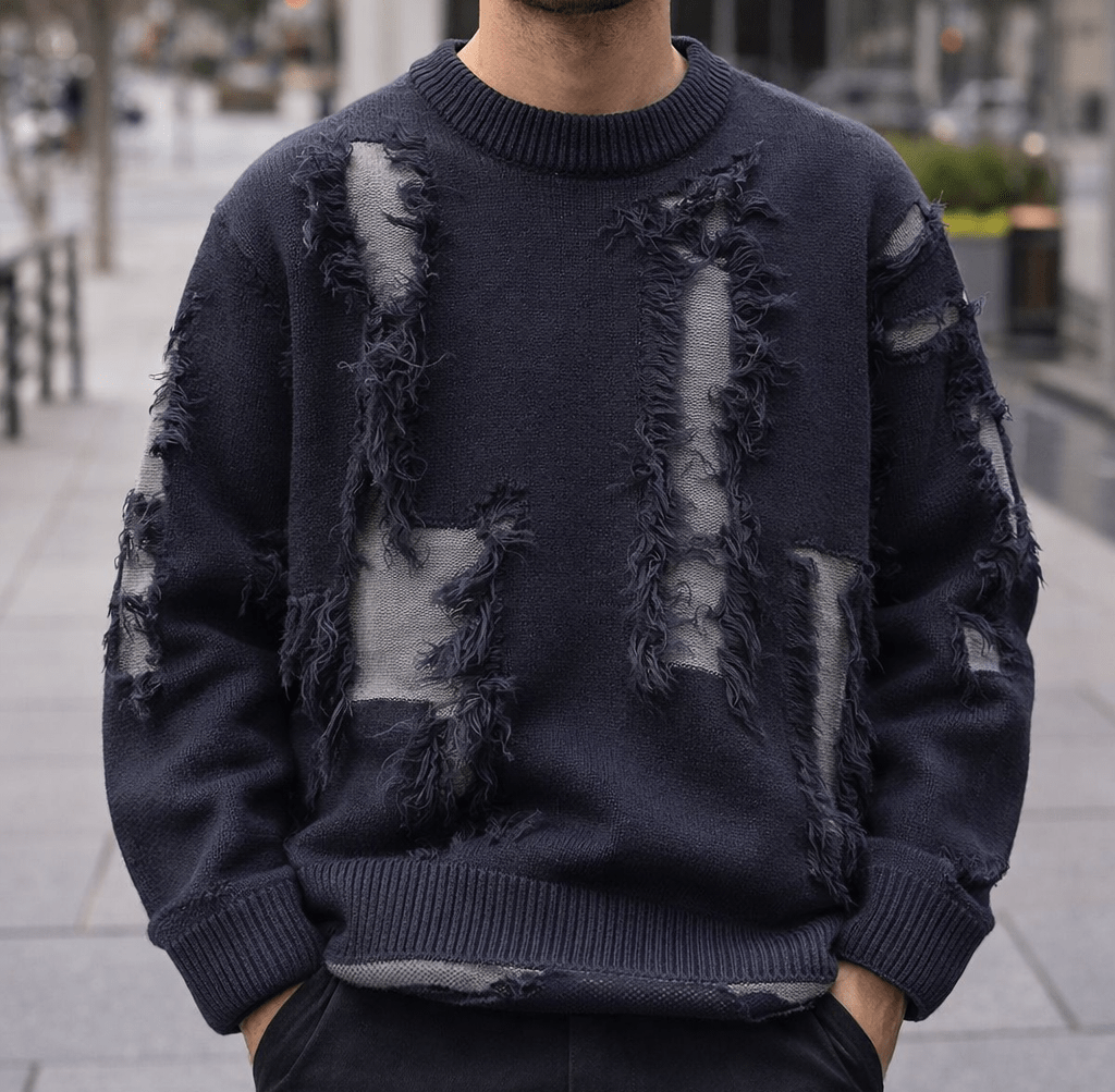 Man wearing a navy distressed knit crewneck sweater with frayed patches and layered textured panels on the front outdoors