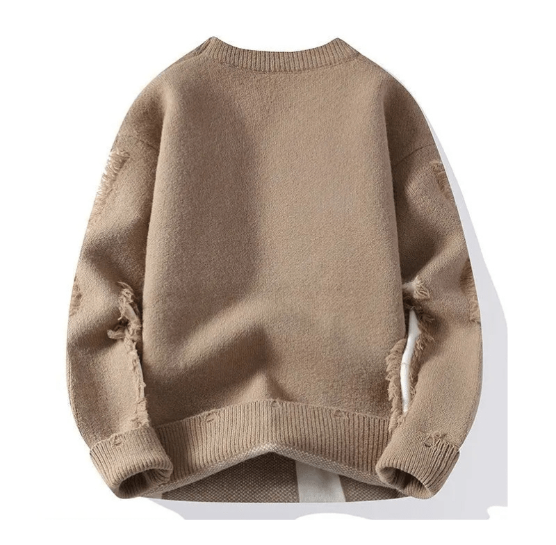 Beige knit crew neck sweater with distressed frayed patches on sleeves and ribbed cuffs and hem
