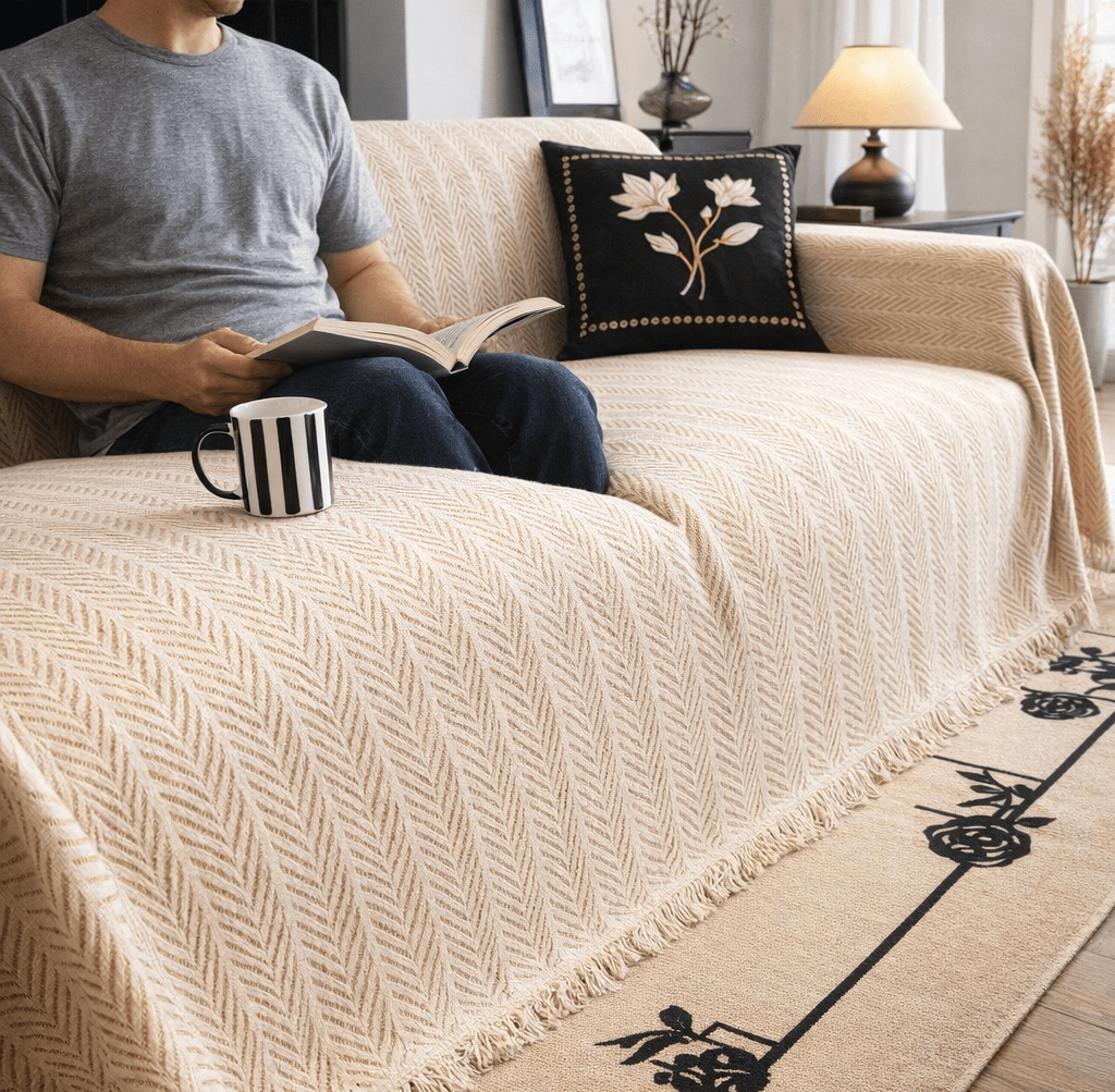 A man sits on a beige sofa covered with sableweave herringbone sofa cover with tassel trim reading a book with a striped mug on the seat and a black cushion with white floral embroidery while a table lamp and beige rug with a black floral border appear in the background