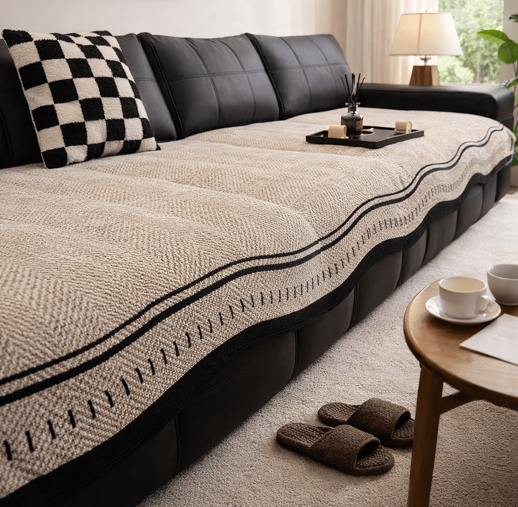 Beige knit sofa throw with a black wavy edge draped over a black leather sofa, a black and white checkered pillow, a tray with candles on the sofa, a table lamp, and slippers on a light carpet