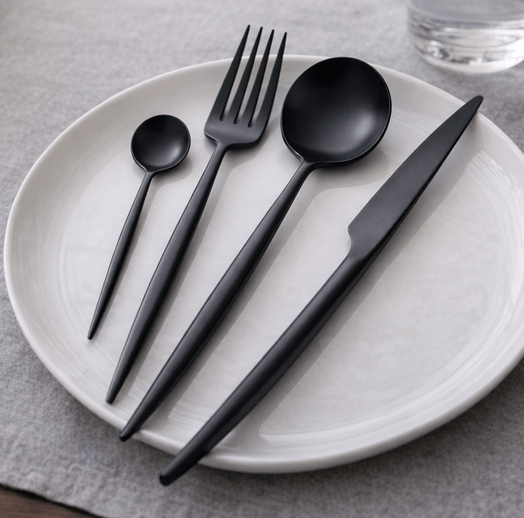 Black slim curved stainless steel cutlery set displayed on a white plate including a small spoon a fork a large spoon and a knife