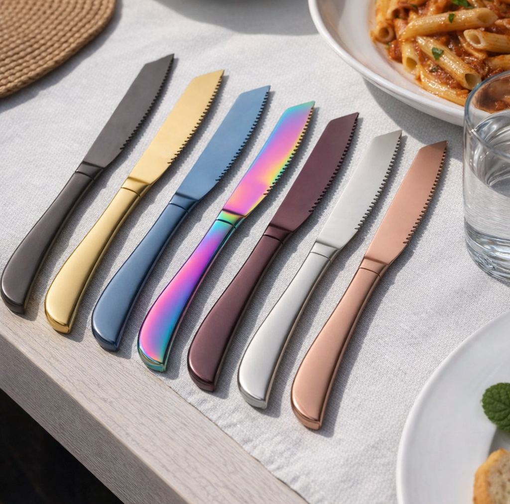 SoHo kitchen knife set with 100 percent plated stainless steel blades in a row of colors displayed on a light table beside a pasta dish