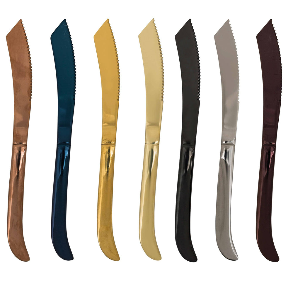 SoHo kitchen knife set with seven curved serrated blades and metallic colored handles in copper navy blue gold champagne gold black silver and burgundy
