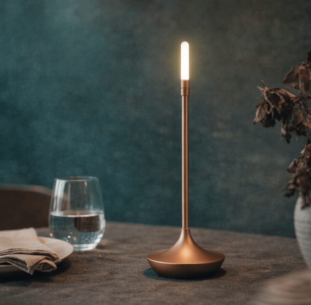 Bronze brass plated LED table lamp with a tall slender stem and glowing cylindrical top on a round base, placed on a table beside a glass of water, folded napkins, and a vase with dried leaves against a teal wall.