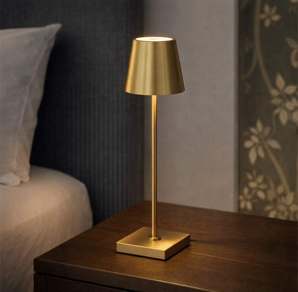 Gold cordless table lamp with a conical shade and square base on a wooden nightstand in a bedroom glowing warm light