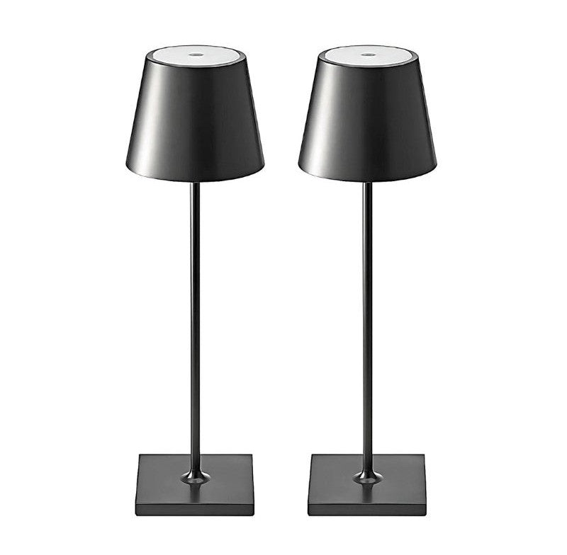 Two black cordless table lamps with powder coated aluminium bodies and square bases, each with a black conical shade and slim stem