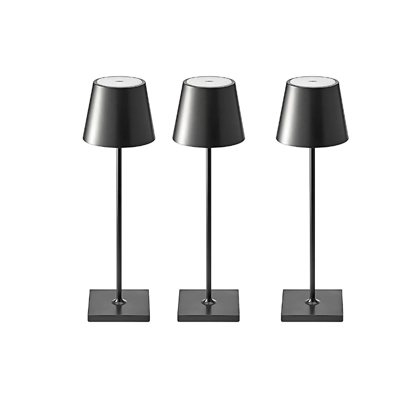 Three black cordless table lamps with square bases, slim vertical stems and black conical shades with small circular controls on top