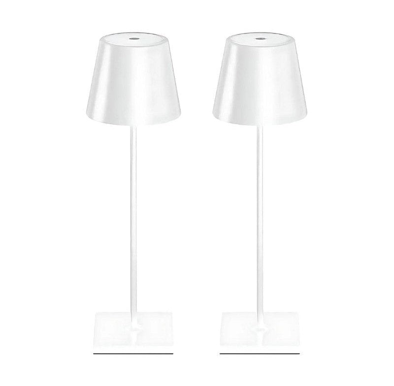 Two cordless table lamps with white conical shades and slim white stems on square bases