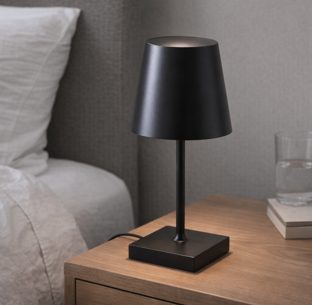 Black metal table lamp with a conical shade and square base on a wooden nightstand beside a bed, with a glass of water and two books nearby.